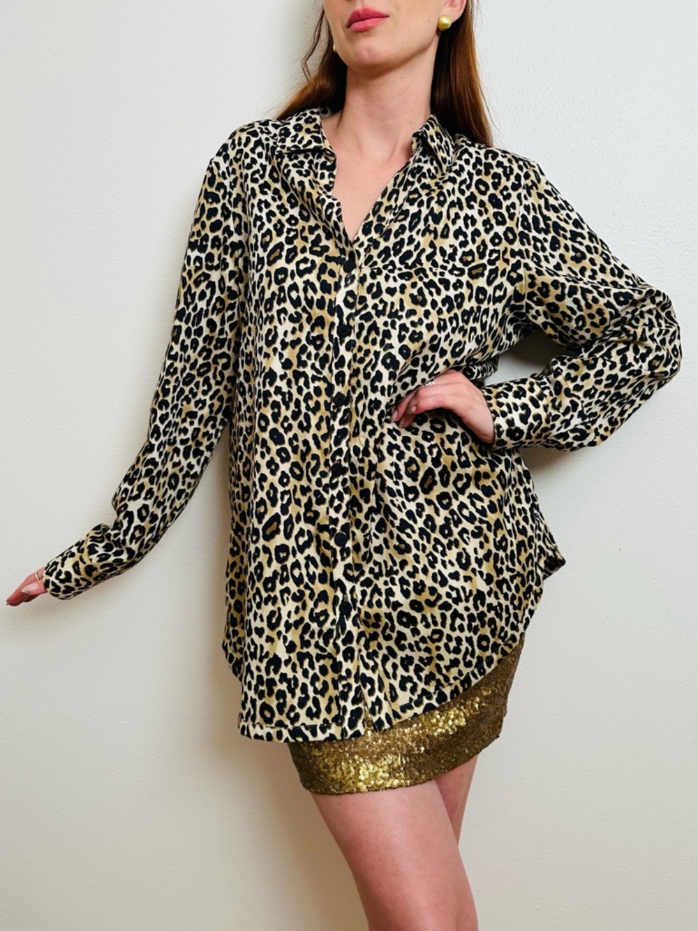 Foxcroft for Appleseed's Leopard Print Wrinkle Free Button Down Shirt Blouse Top